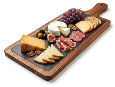 Image de Plateau de service Hausleben avec poignée, 45x15 cm – Plateau de service en bois d'acacia avec insert en ardoise – Plateau rectangulaire pour fromage, antipasti, petit-déjeuner et tapas. Style rustique et élégant – Plateau en bois
