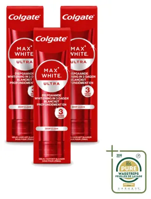 Imagen del producto de 3 tubos de pasta dental Colgate Max White Ultra Deep Clean, blanqueadora, de 75 ml. Pack ahorro, 3 unidades