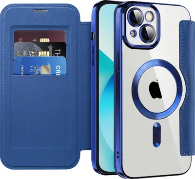 Immagine prodotto di Custodia per iPhone 13 compatibile con MagSafe, custodia trasparente con portacarte, custodia in pelle con protezione per fotocamera blu