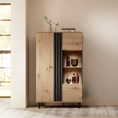 Produktbild von Highboard Vitrine mit 90 cm Breite in Eiche, 2 Türen, LED Beleuchtung - MATTAWA-167