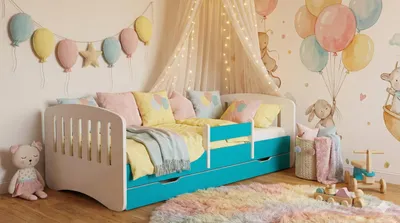 Immagine prodotto di Letto per bambini Happy Babies - con materasso e cassetto e protezione anticaduta, 80x160, letti per bambine e ragazzi letto per bambini BLU