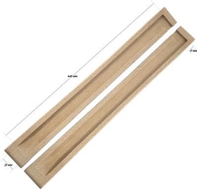 Two wooden armrests for a garden chair, shown diagonally on a white background with dimensions indicated.