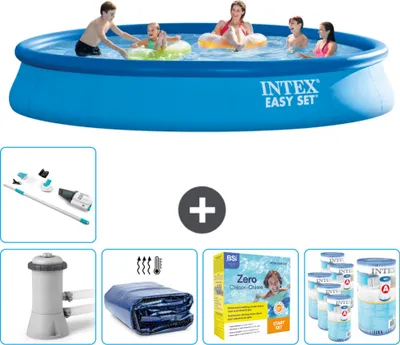 Produktbild von Intex runder aufblasbarer Easy Set-Schwimmpool – 457 x 84 cm – Blau – inklusive Pumpe Sonnensegel - Wartungspaket - Filter - Staubsauger