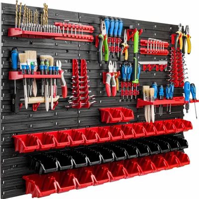 Produktbild von Lagersystem Werkstattregal | 117 x 78 cm | 38 stck. Box | Wandregal mit Werkzeughalterungen und Stapelboxen - Wandplatten Extra Starke Schüttenregal Warkzeuglochwand Lagerregal Garage Regal