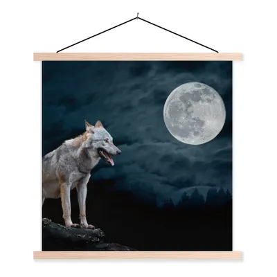Produktbild von MuchoWow® Textilposter Wolf - Mond - Nacht - Tiere - Porträt 60x60 cm mit holzfarbenen Rahmen - Wanddekoration