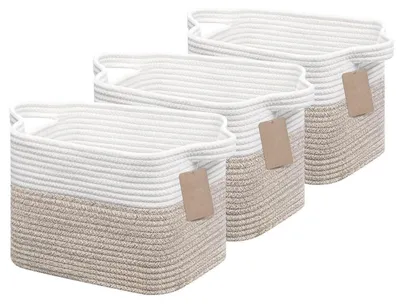 Image de Panier de rangement tressé en corde de coton, dimensions 33 x 25 x 22,5 cm, blanc et marron, lot de 3