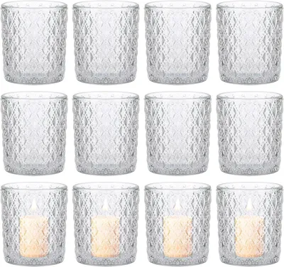 Productafbeelding van 12 stuks glazen theelichthouders, transparant theelichtglazen, theelichthouders, 6,5 x 5 cm, glazen theelichtjes, vintage kandelaars voor bruiloft