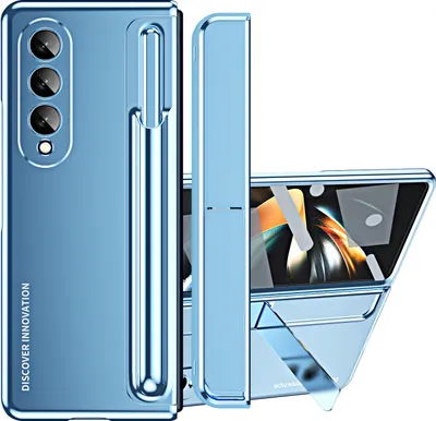 Produktbild von Galaxy Z Fold4 Pouzdro, Galvanizované PC Pouzdro s Držákem na Pero a Stojánkem, Ochranné Pouzdro s Ochranným Sklem pro Samsung Galaxy Z Fold 4 5G modré
