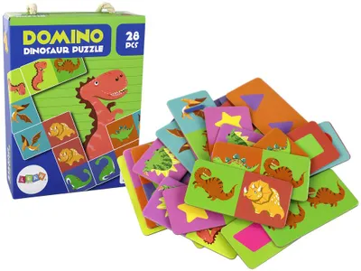 Produktbild von Logikspiel, doppelseitiges Puzzle, Dominosteine, Dinosaurier, 10 cm x 5 cm, 28 Teile.