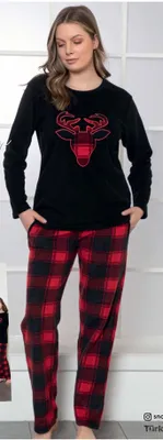 Produktbild von Damen Pyjama POLAR Schlafanzug Schwarz XXL 2-Teiler Set Lang Warm Winter C-11