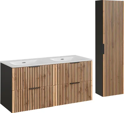 Produktbild von Doppelwaschtisch und Hängesäule 120.4cm Gaia mit 2 Schubladen, Eichenoptik und Schwarz