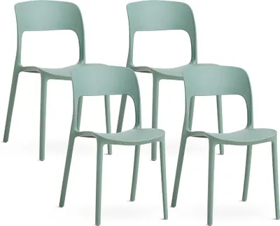 Four sage green polypropylene chairs are arranged in a staggered formation against a white background.