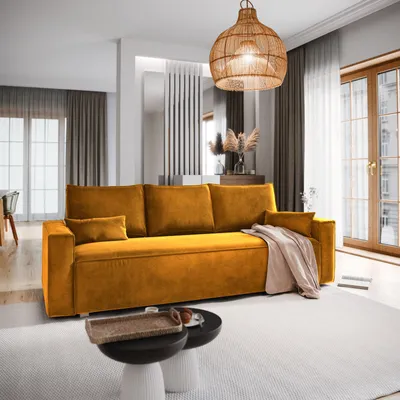 Produktbild von Sofa ALATRI Gelb Velours-Stoff mit Schlaffunktion, Sofa mit Bettkasten, Sofa mit Bettkasten, Wohnzimmersofa, Couch, Soffa, Bettsofa, Couchgarnitur- Gelb, MONOLITH 48
