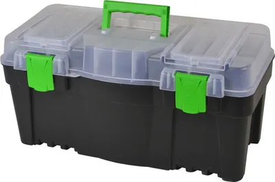 A black and clear toolbox with green accents is shown against a white background.