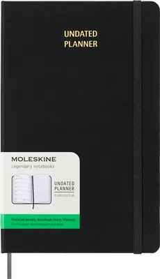 Image de Agenda hebdomadaire Moleskine sans dates, avec espace pour notes, 12 mois, couverture rigide et fermeture élastique, couleur noire, grand format 13 x 21 cm