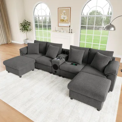 Produktbild von MODFU Modulares Sofa U-förmiges Sofa mit Kissen und Stauraum Ecksofa mit USB-Anschlüssen und Bluetooth-Lautsprecher Wohnzimmersofa mit Getränkehaltern und Konsole,Grau