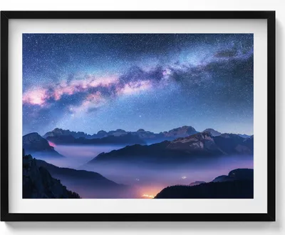 Produktbild von Sternenhimmel über den Bergen– Wandbild mit Rahmen – Gerahmtes Bild  – Wanddekoration – 80x60 cm –  Schwarz Rahmen