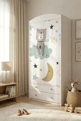 Image de Armoire pour enfants blanche, 2 portes et 2 tiroirs, 88 x 187 cm. Grande armoire pour chambre d'enfant avec tringle, autocollants colorés