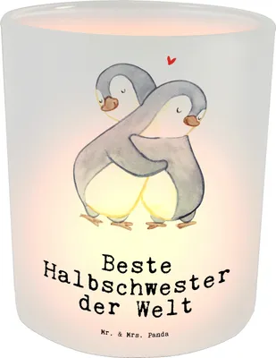 Produktbild von Mr. & Mrs. Panda Windlicht Glas Pinguin Beste Halbschwester der Welt - Transparent - Geschenk, Sister, kerzenhalter, Kinder, Schwester, Outdoor, Liebe, Geschenkidee