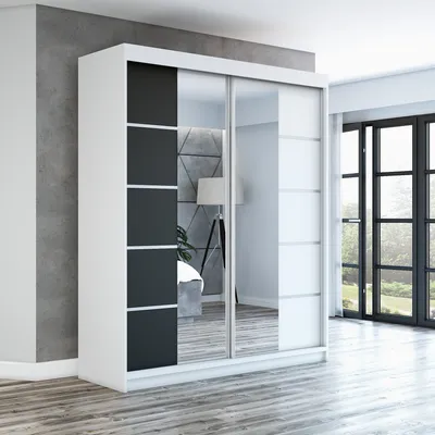Produktbild von Schwebetürenschrank, 2-türig Schrank ERA 180 cm (mit Spiegel)  Weiß / schwarz / weiß