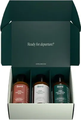Produktbild von Sord Travel Set Duschgel 50ml + Haarshampoo 50ml + Gesichtswaschschaum 50ml + feuchtigkeitsspendende Gesichtscreme 12ml