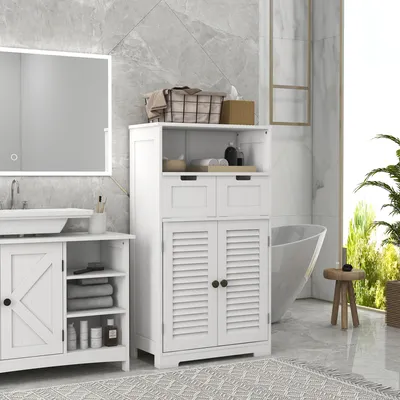 Produktbild von Badezimmerschrank Badkommode mit 2 Türen & 2 Schubladen 109,5x61x30,5 cm HxBxT | Allzweckschrank MDF höhenverstellbar mit Kippschutz Weiß