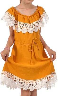 Produktbild von KMISSO Mädchen Kleid Schulterfrei mit Spitze Gold 104
