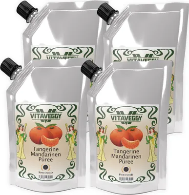 Produktbild von VITAVEGGY Früchte-Püree MANDARINE 4x1kg ohne Aroma- Farb- & Konservierungsmittel von Food-United, Mandarinenpüree für Obstbrei & Obsmus oder als Mandarinensaft Mandarinen-Smoothie oder für Desserts Sorbets Torten Kuchen, GVO-Frei Glutenfrei & 100%