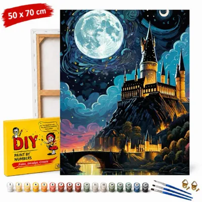 Produktbild von Mal-nach-Zahlen-Bild mit Rahmen: Harry Potter – Hogwarts bei Nacht, 50 x 70 cm
