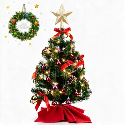 Produktbild von Künstlicher Weihnachtsbaum 60cm Mini Tisch mit 50 LED Warmweiß & 8 Modi, Batteriebetrieben mit Timer, Weihnachtsdeko Innen mit 20 Kugeln & Sockel