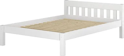 A white wooden bed frame with a slatted base, shown from a side angle against a white background.
