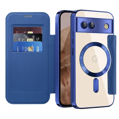 Produktbild von Klapphülle für Google Pixel 8A Kompatibel mit Magsafe, Klar Überzug Kartenhalter Ledertasche mit Kameraschutz Blau