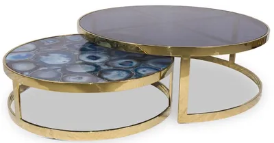 Image de Casa Padrino Luxe Table Basse Bleu / Or - 2 Tables de Salon Rondes avec Agate Gemmes et Plateau en Verre - Qualité Luxe - Meubles de Salon de Luxe