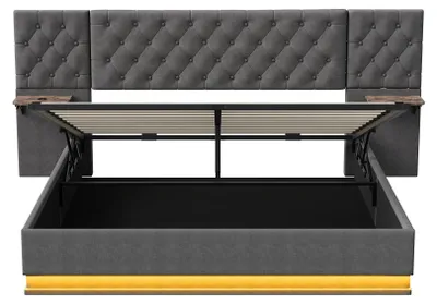 Imagen del producto de Cama tapizada - Cama de matrimonio - 160 x 200 cm - Cajón de almacenamiento hidráulico - 2 mesitas de noche abatibles - Somier - Cabecero - Gris