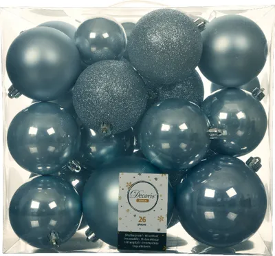 Produktbild von Weihnachtskugeln Kunststoff 6-10cm Mix 26er Set - Nebelblau