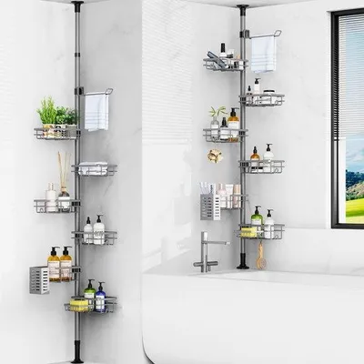 Immagine prodotto di Uniqoos®: Scaffale angolare telescopico per bagno, in acciaio inossidabile, con altezza regolabile da 77 a 300 cm, spazio per 26 articoli, cesti doccia rotanti a 180°, montaggio senza foratura