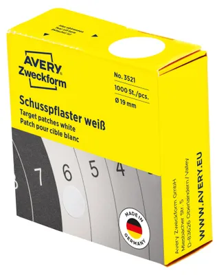 Produktbild von Avery Zweckform 3521, Schusspflaster, ? 19 mm, 1.000 Etiketten / 1 Rolle, weiß