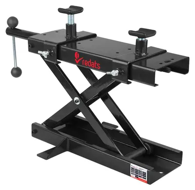 Immagine prodotto di Ponte sollevatore cric idraulico a forbice per moto da officina capacità max. 500kg altezza regolabile 9,5-42,5 cm, cavalletto alzamoto con 2 selle antiscivolo da officina operazione idraulica, Redats