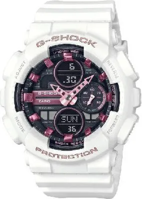 A white Casio G-Shock analog-digital watch with pink accents on a white background.