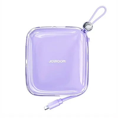 A purple transparent power bank with a charging cable and a lanyard attached, shown against a white background.