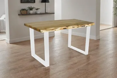 Produktbild von Esstisch Baumkante Akazie massiv eichenfarben 140 x 80 U-Gestell weiß CALI