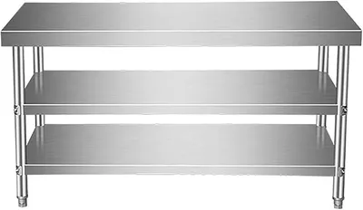 Imagen del producto de Mesa de trabajo de acero inoxidable para catering, con 3 niveles, estante ajustable, ideal para cocinas comerciales, restaurantes, bares, hoteles y garajes (99,8 x 60 cm)