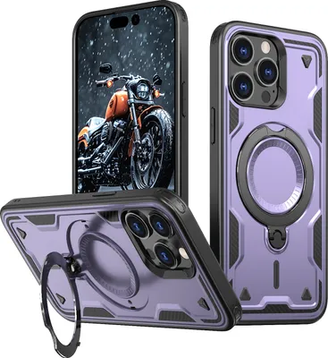 Produktbild von Dual Layer Hülle für iPhone 14 Pro Max Metall Ring Ständer Magnetisch Stoßfest Militär Handyhülle Lila