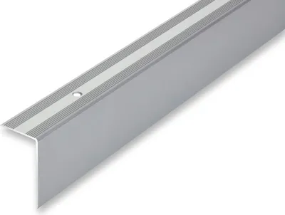 A silver-colored metal stair nosing profile with a ribbed insert and a pre-drilled hole.