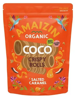 RURKI WAFLOWE KOKOSOWE O SMAKU SŁONEGO KARMELU BEZGLUTENOWE BIO 140 g - AMAIZIN