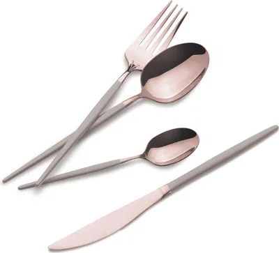 A set of cutlery including a fork, two spoons, and a knife, arranged diagonally on a white background.