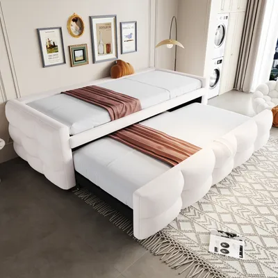 Immagine prodotto di Abrihome Divano letto imbottito 90/180x190 cm con letto estraibile, letto matrimoniale con rete a doghe, beige