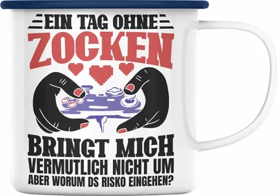 Produktbild von Trendation - Lustige Gamer Emaille Tasse Zocker Geschenk Gamer Gamergirl Geschenkidee Geburtstag Ein Tag Ohne Zocken (Blau)
