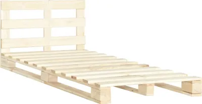 A wooden pallet bed frame with a headboard, shown against a white background.
