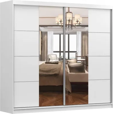 Produktbild von Kleiderschrank M38 mit Spiegel 233 cm, Schwebetürenschrank, Garderobeschrank Schlafzimmer; Wohnzimmerschrank; Korpus Schrank Farbe: Weiß; Farbe der Schrankfront: Weiß - 2 Schiebetüren